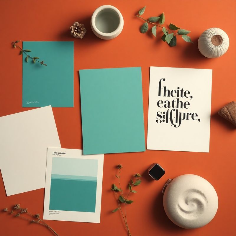 Flatlay dall'alto di deliverable di brand identity: logo, palette teal, campioni tipografici