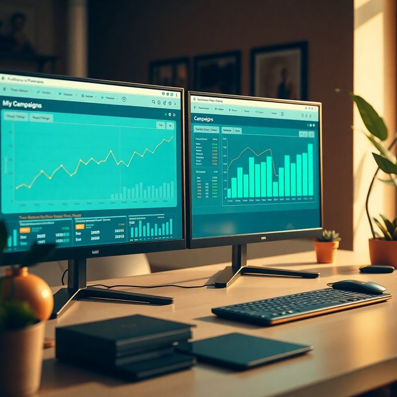 Dashboard analytics su doppio monitor con grafici di performance delle campagne