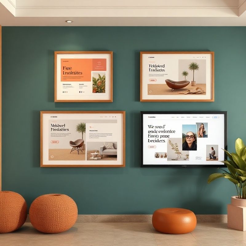 Collage di progetti di design e branding su una parete color teal
