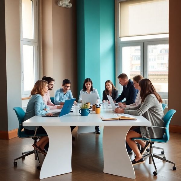 Team di sette persone in una sala riunioni luminosa nello studio di Torino
