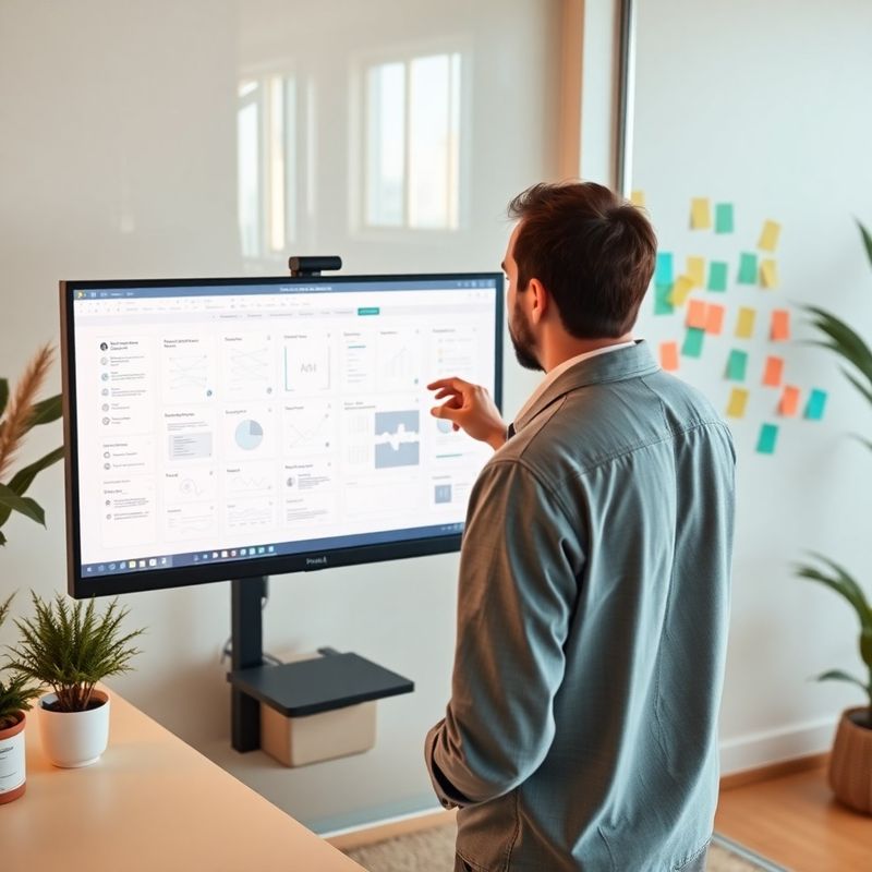 Designer che rivede wireframe su un grande monitor con post-it su una parete di vetro